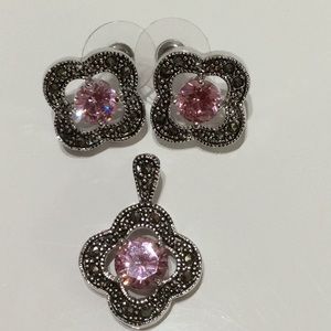 Marcasite and Pink Earrings with drop necklace